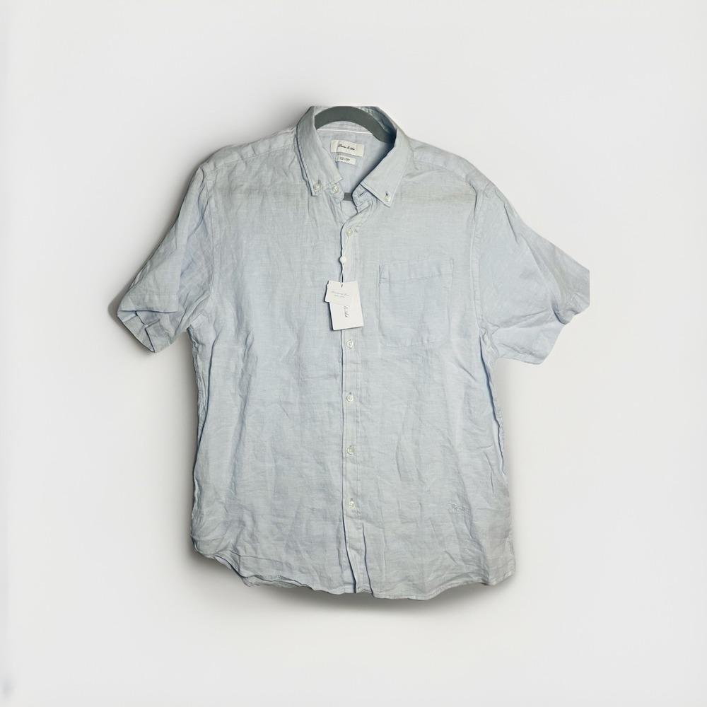 Porter and Ash Shirt Mens L  Baby Blue 100% Linen Button Up Chambray Lightweight